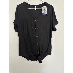 IUGA Womens Black V Neck Short Sleeve Button Front Tie‎ Waist T Shirt Top Size M